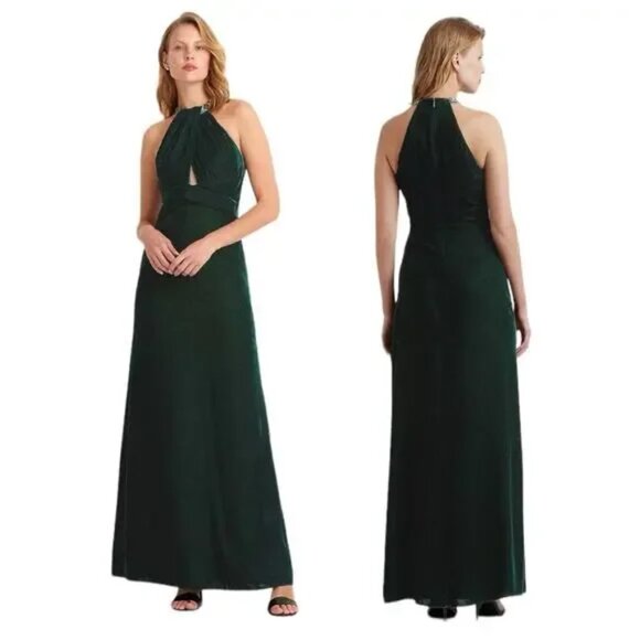 Lauren Ralph Lauren Size 2 Adelbola Green Velvet Beaded Halter Gown Maxi Dress - Picture 2 of 7